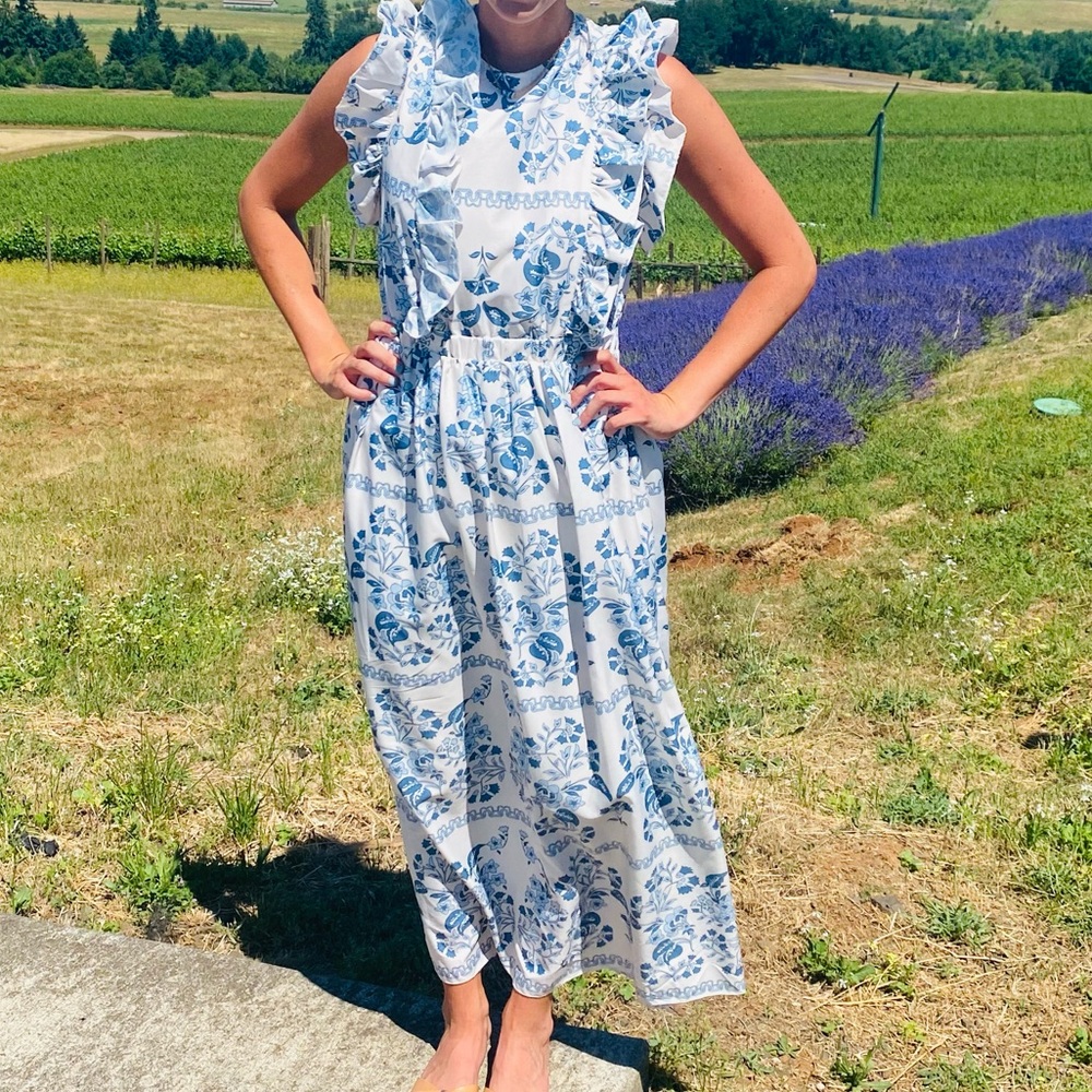 Blue and white ruffle dress worn one time